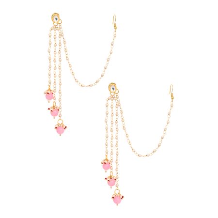 Mirror & Pearl Ear Chain Earrings with Pink Bead Drops Pair